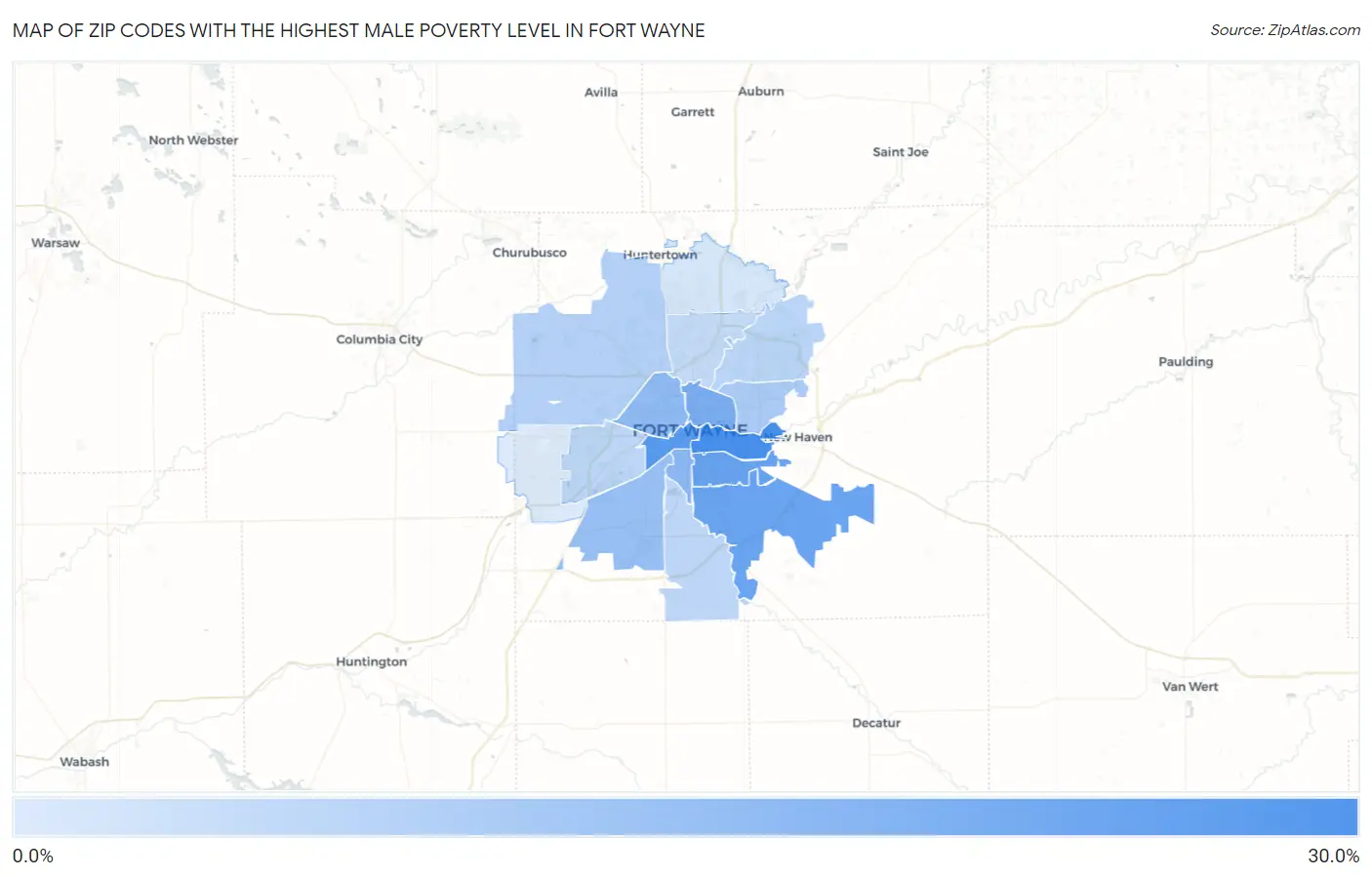 Zip Codes with the Highest Male Poverty Level in Fort Wayne Map
