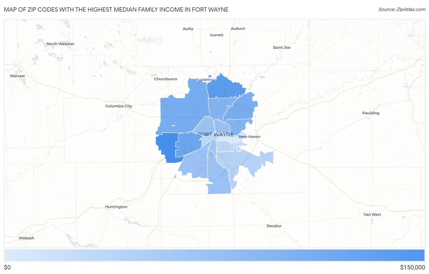 Zip Codes with the Highest Median Family Income in Fort Wayne Map