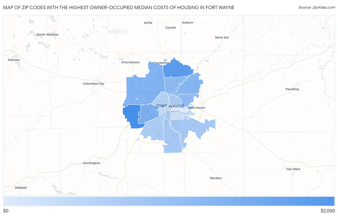 Zip Codes with the Highest Owner-Occupied Median Costs of Housing in Fort Wayne Map
