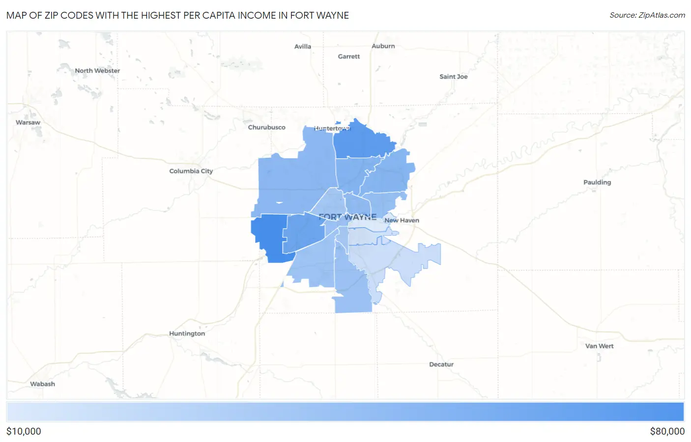Zip Codes with the Highest Per Capita Income in Fort Wayne Map