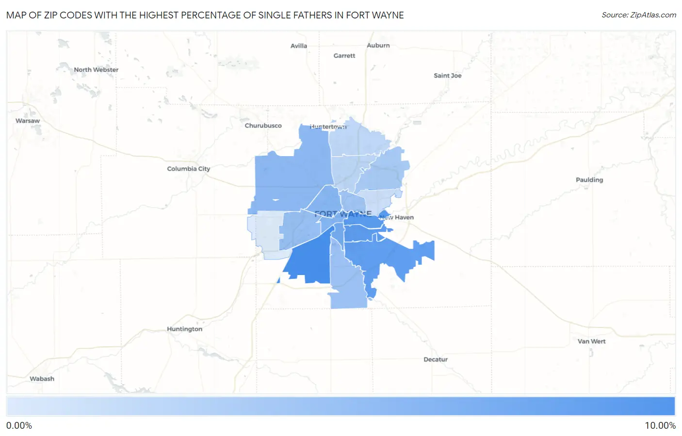 Zip Codes with the Highest Percentage of Single Fathers in Fort Wayne Map