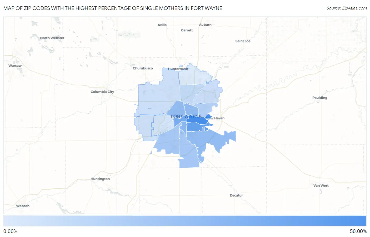 Zip Codes with the Highest Percentage of Single Mothers in Fort Wayne Map