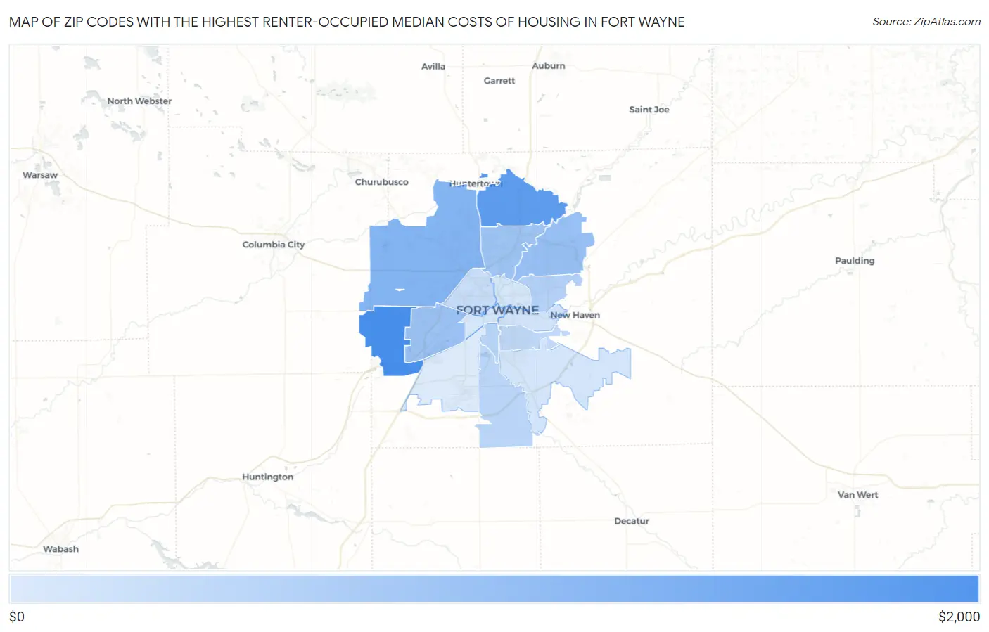 Zip Codes with the Highest Renter-Occupied Median Costs of Housing in Fort Wayne Map