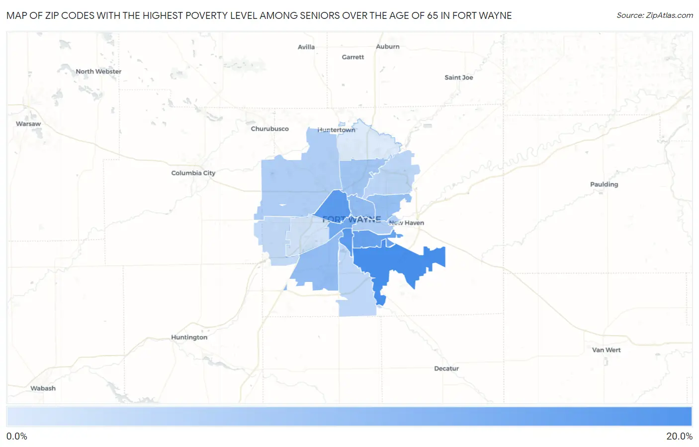 Zip Codes with the Highest Poverty Level Among Seniors Over the Age of 65 in Fort Wayne Map
