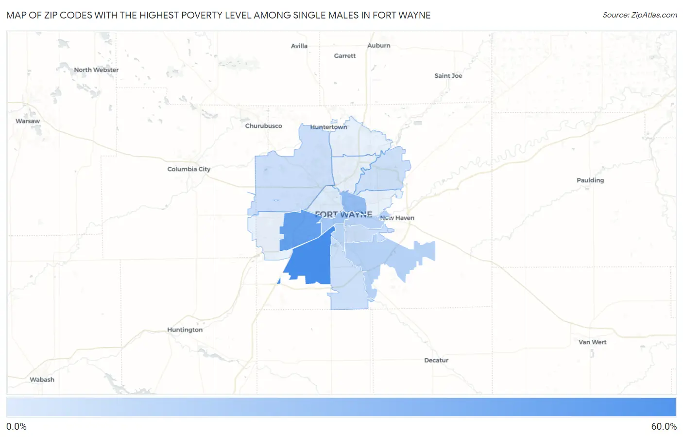 Zip Codes with the Highest Poverty Level Among Single Males in Fort Wayne Map