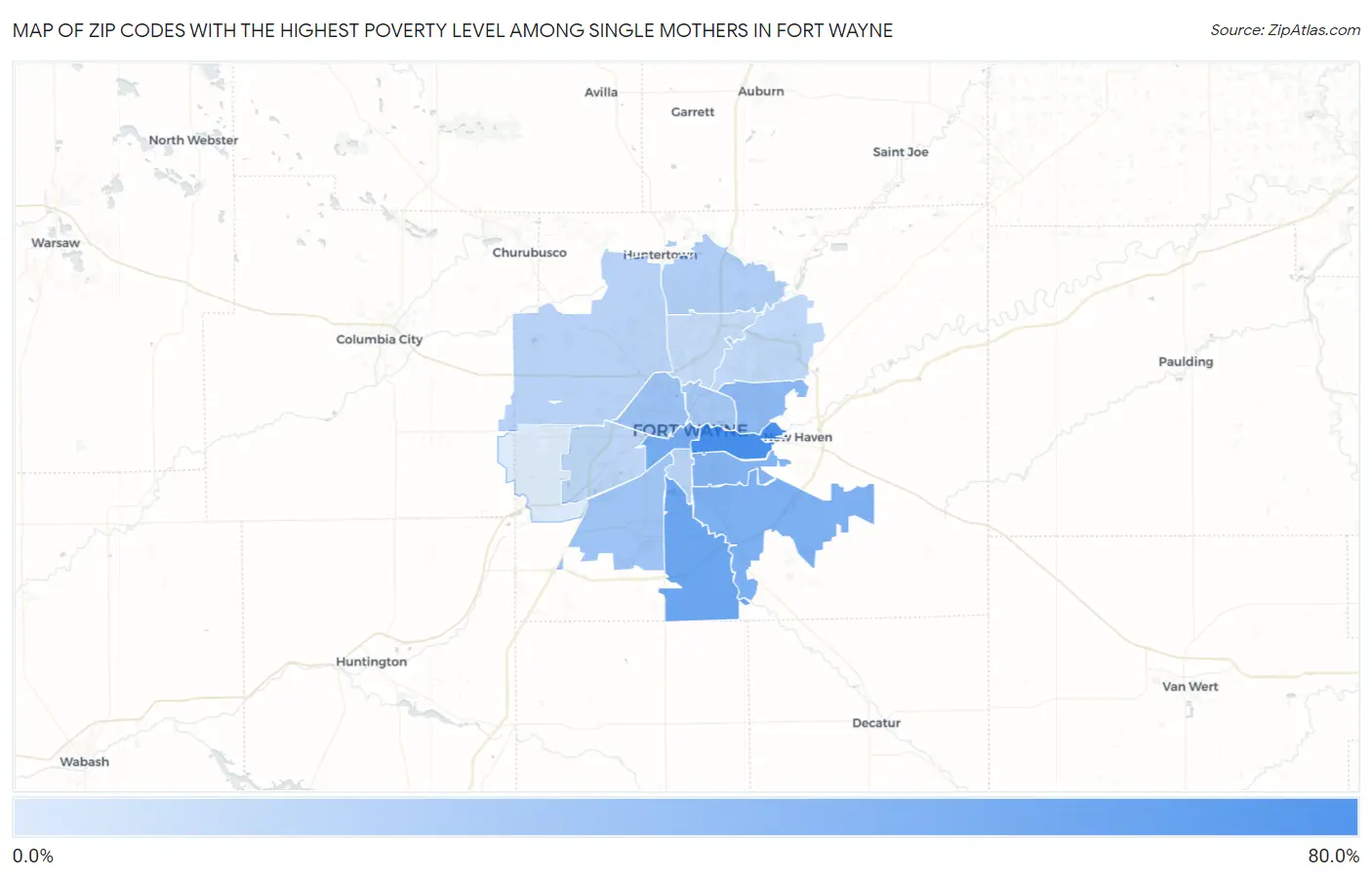 Zip Codes with the Highest Poverty Level Among Single Mothers in Fort Wayne Map