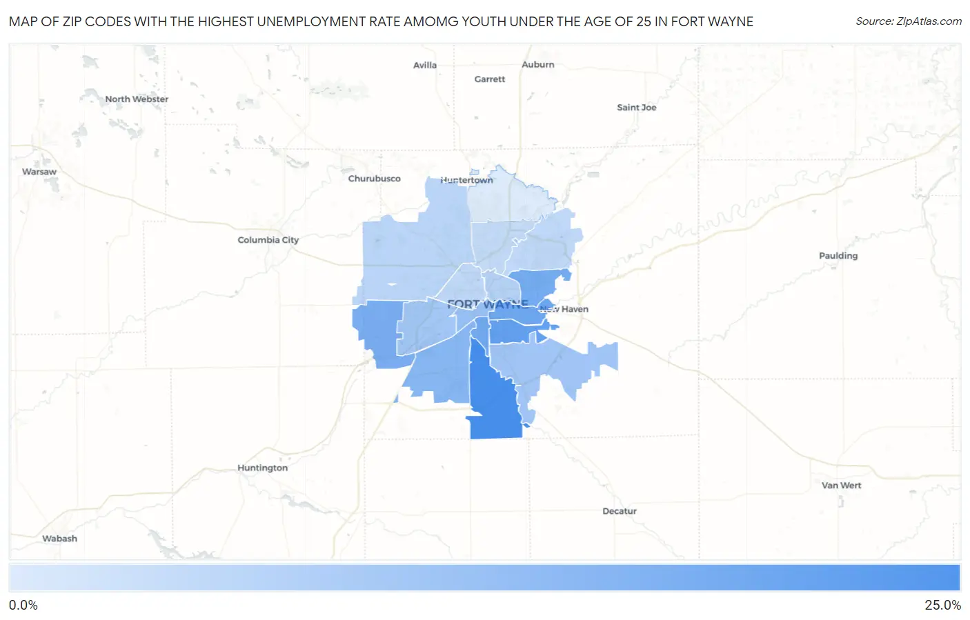 Zip Codes with the Highest Unemployment Rate Amomg Youth Under the Age of 25 in Fort Wayne Map