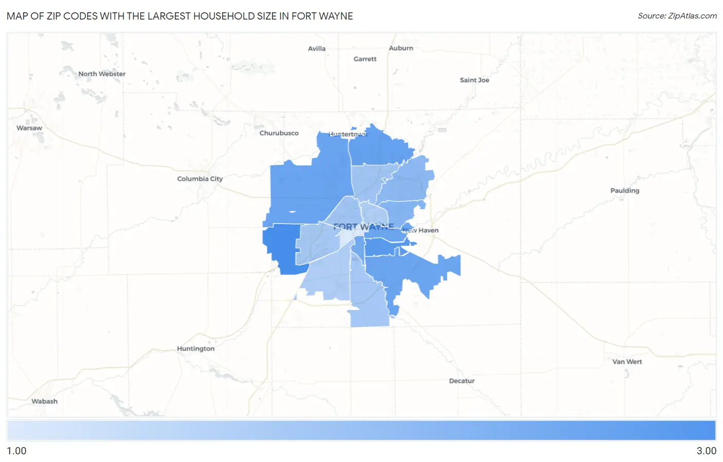 Zip Codes with the Largest Household Size in Fort Wayne Map
