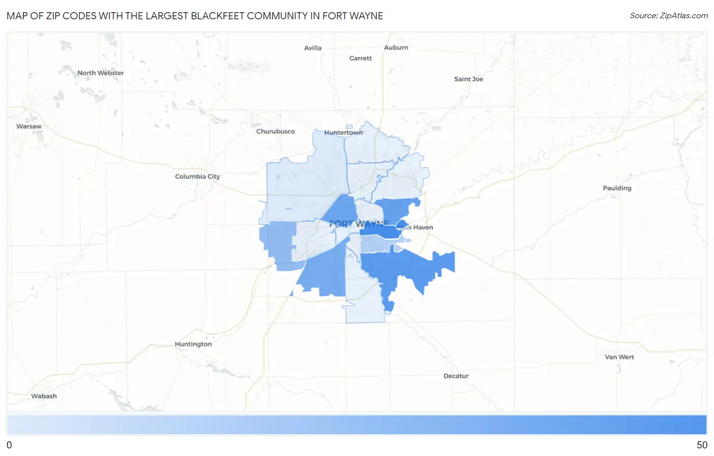 Zip Codes with the Largest Blackfeet Community in Fort Wayne Map