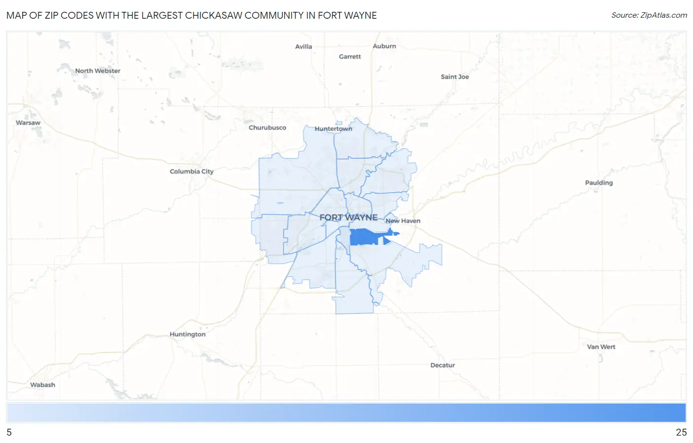 Zip Codes with the Largest Chickasaw Community in Fort Wayne Map