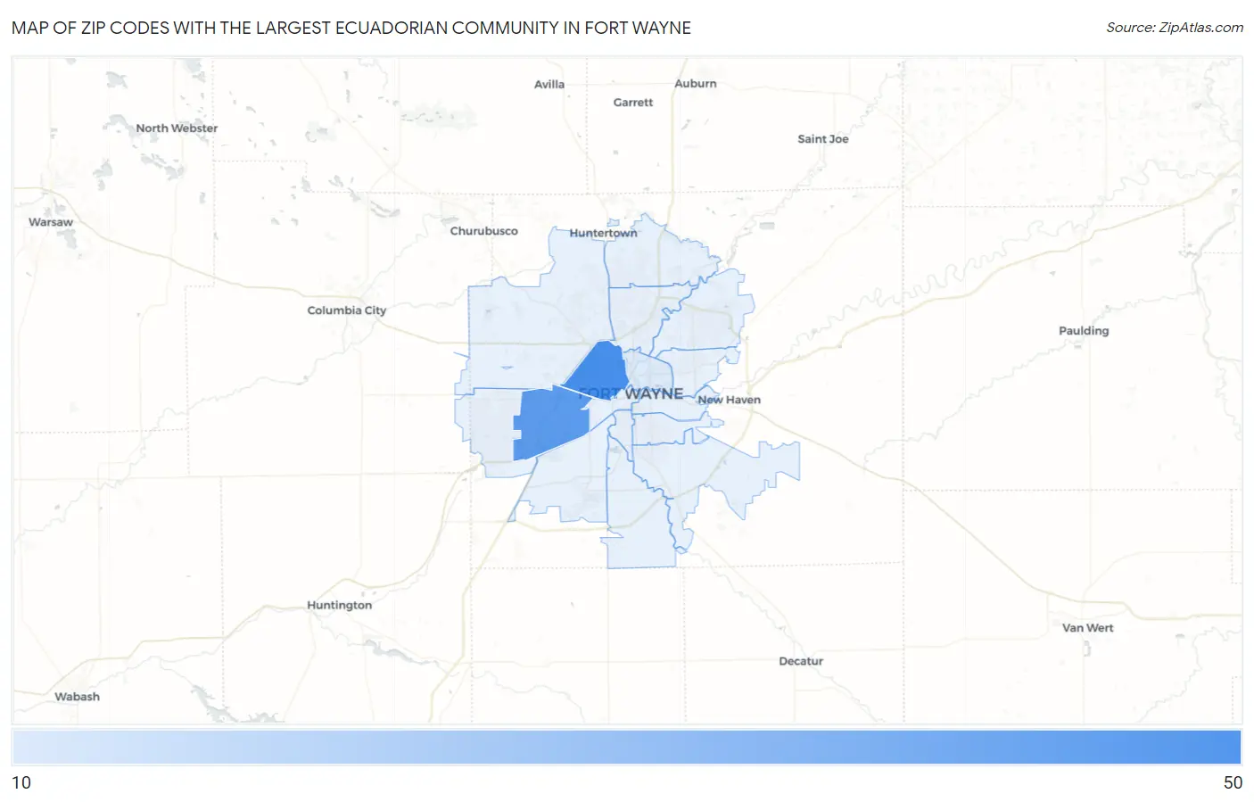 Zip Codes with the Largest Ecuadorian Community in Fort Wayne Map
