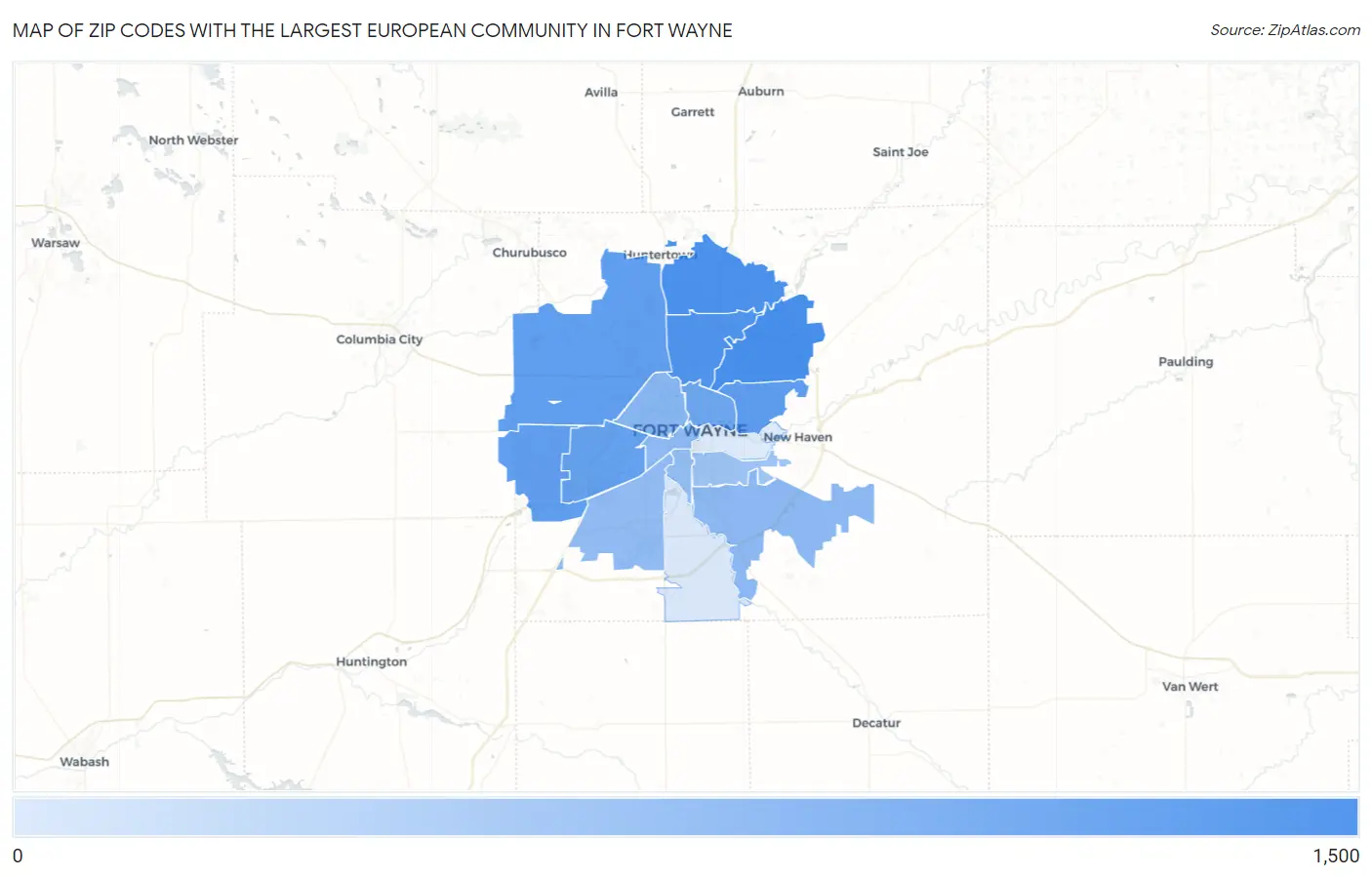 Zip Codes with the Largest European Community in Fort Wayne Map