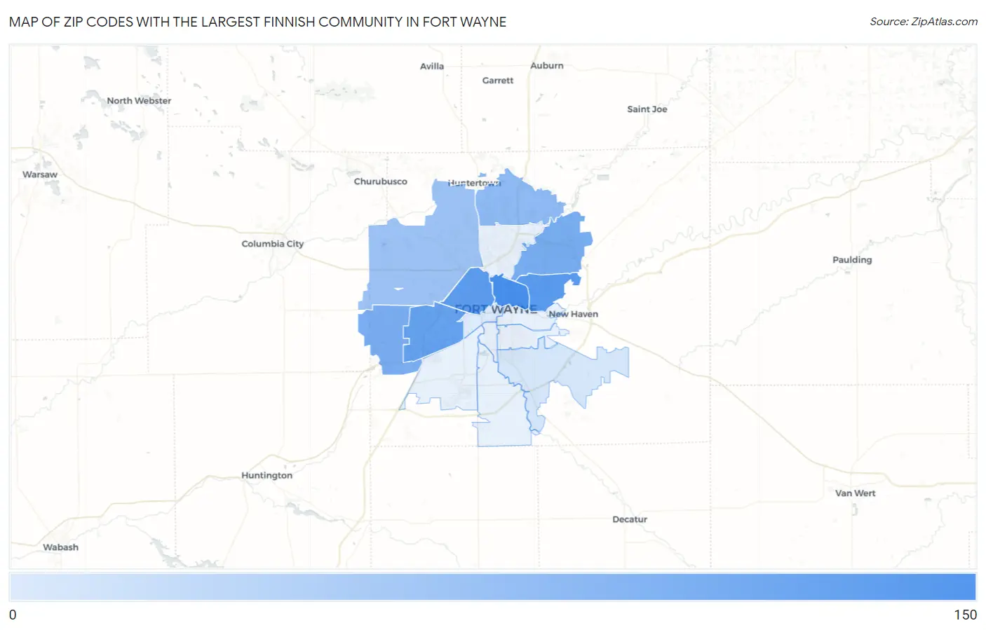 Zip Codes with the Largest Finnish Community in Fort Wayne Map