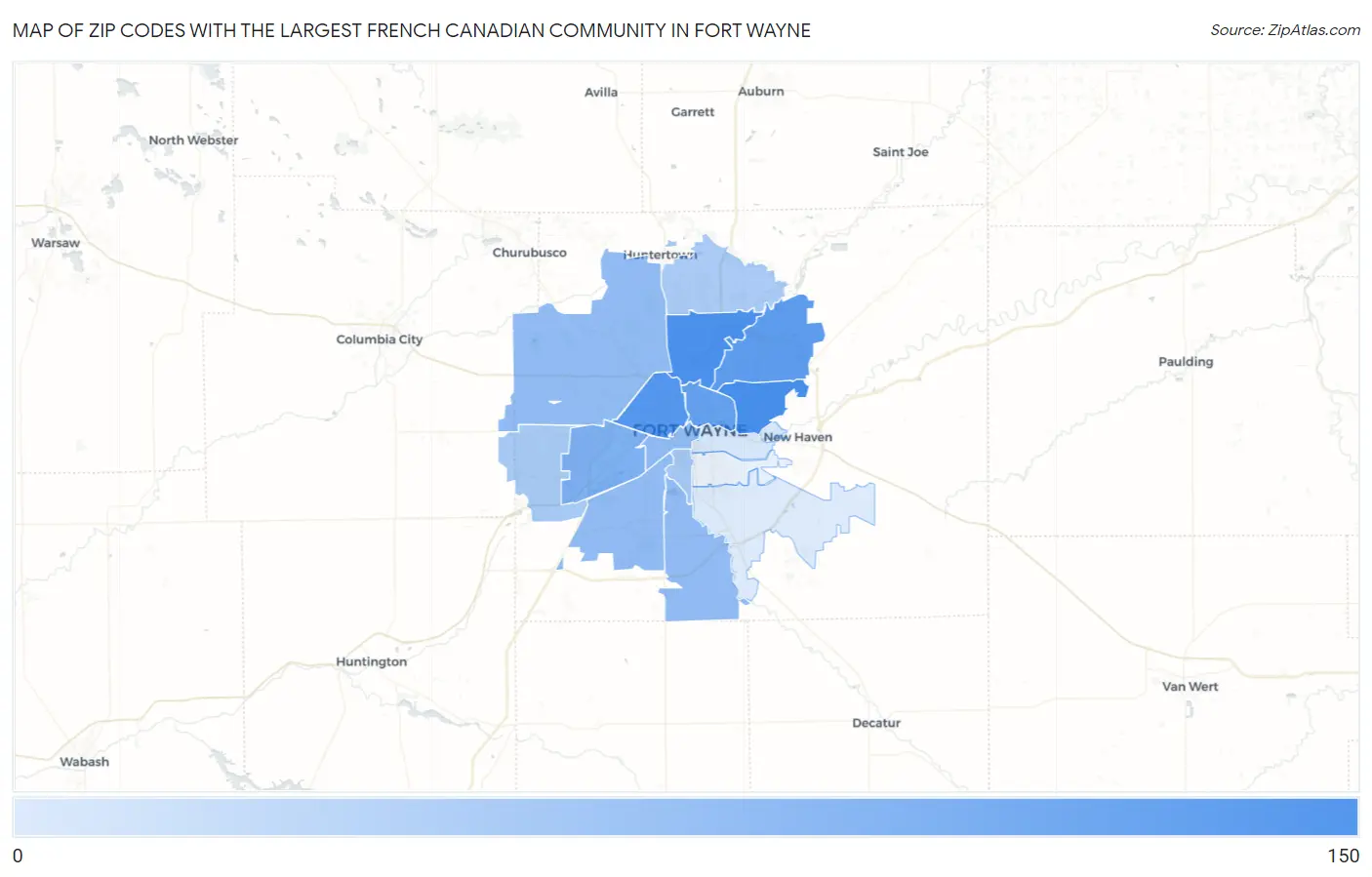 Zip Codes with the Largest French Canadian Community in Fort Wayne Map
