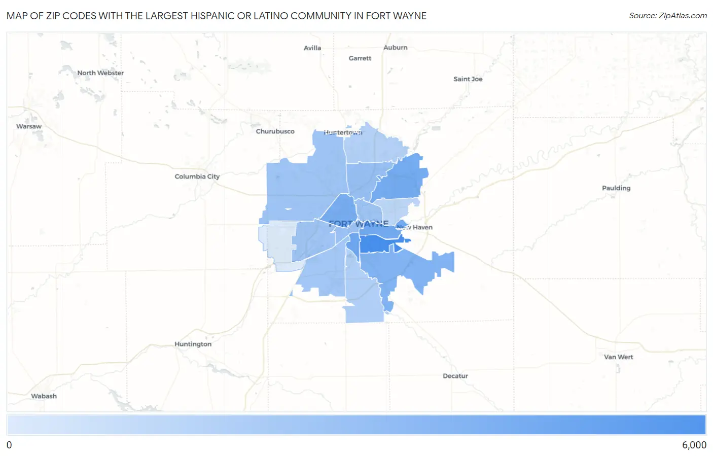 Zip Codes with the Largest Hispanic or Latino Community in Fort Wayne Map
