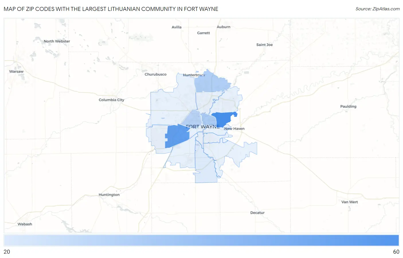 Zip Codes with the Largest Lithuanian Community in Fort Wayne Map