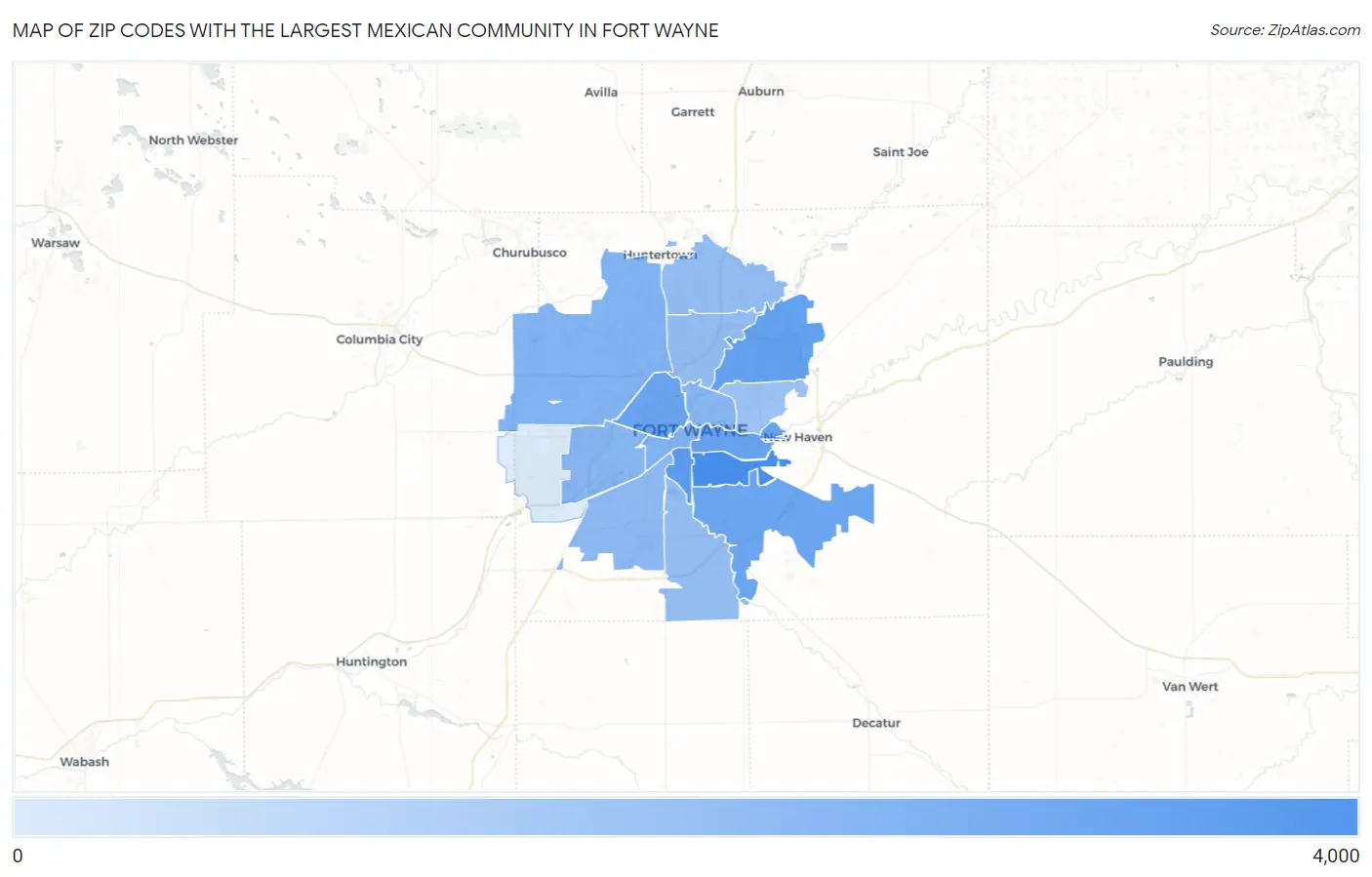 Zip Codes with the Largest Mexican Community in Fort Wayne Map