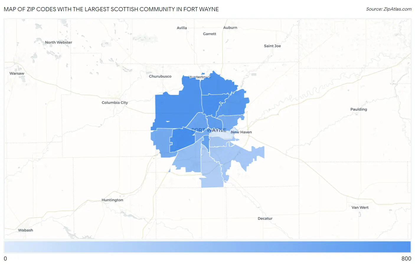 Zip Codes with the Largest Scottish Community in Fort Wayne Map