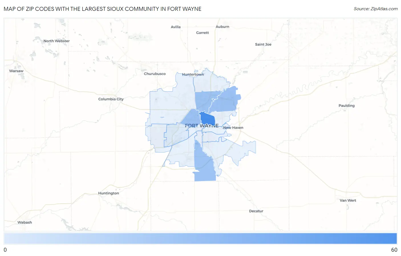 Zip Codes with the Largest Sioux Community in Fort Wayne Map