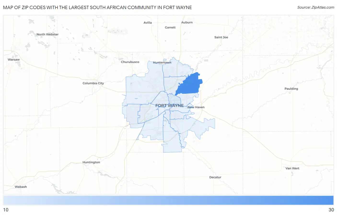 Zip Codes with the Largest South African Community in Fort Wayne Map