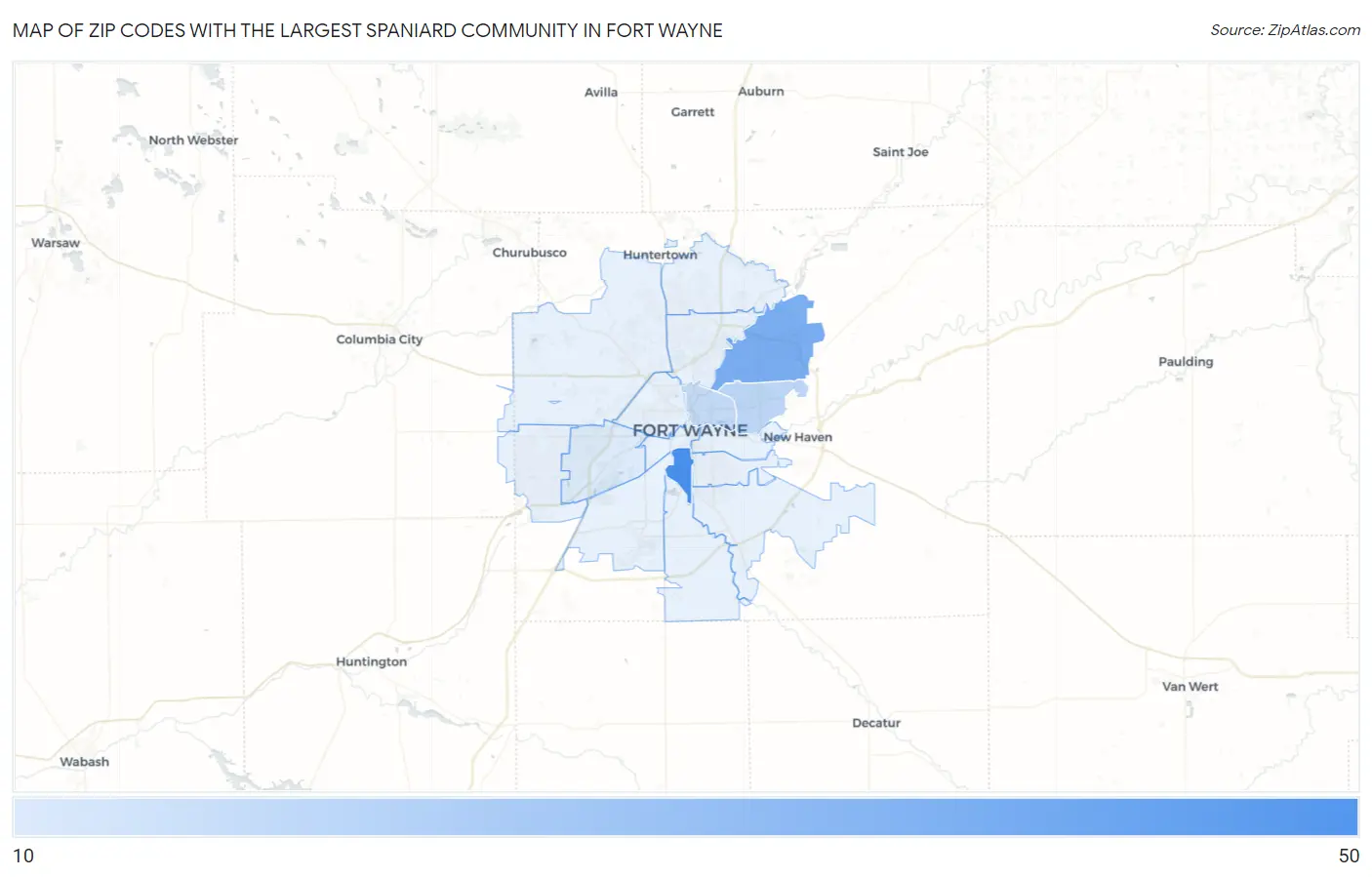 Zip Codes with the Largest Spaniard Community in Fort Wayne Map