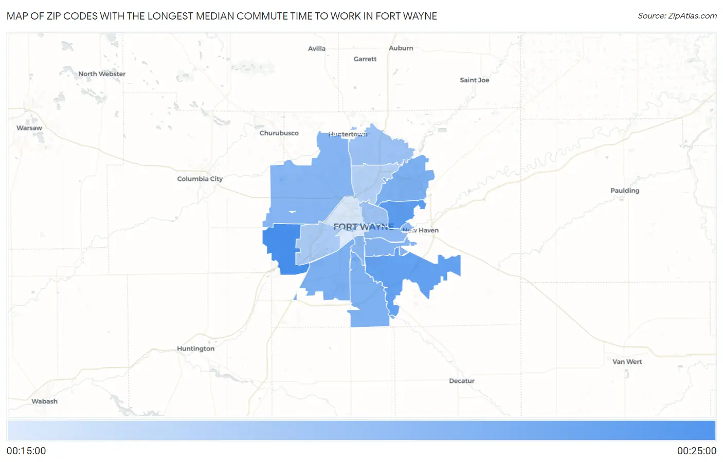 Zip Codes with the Longest Median Commute Time to Work in Fort Wayne Map