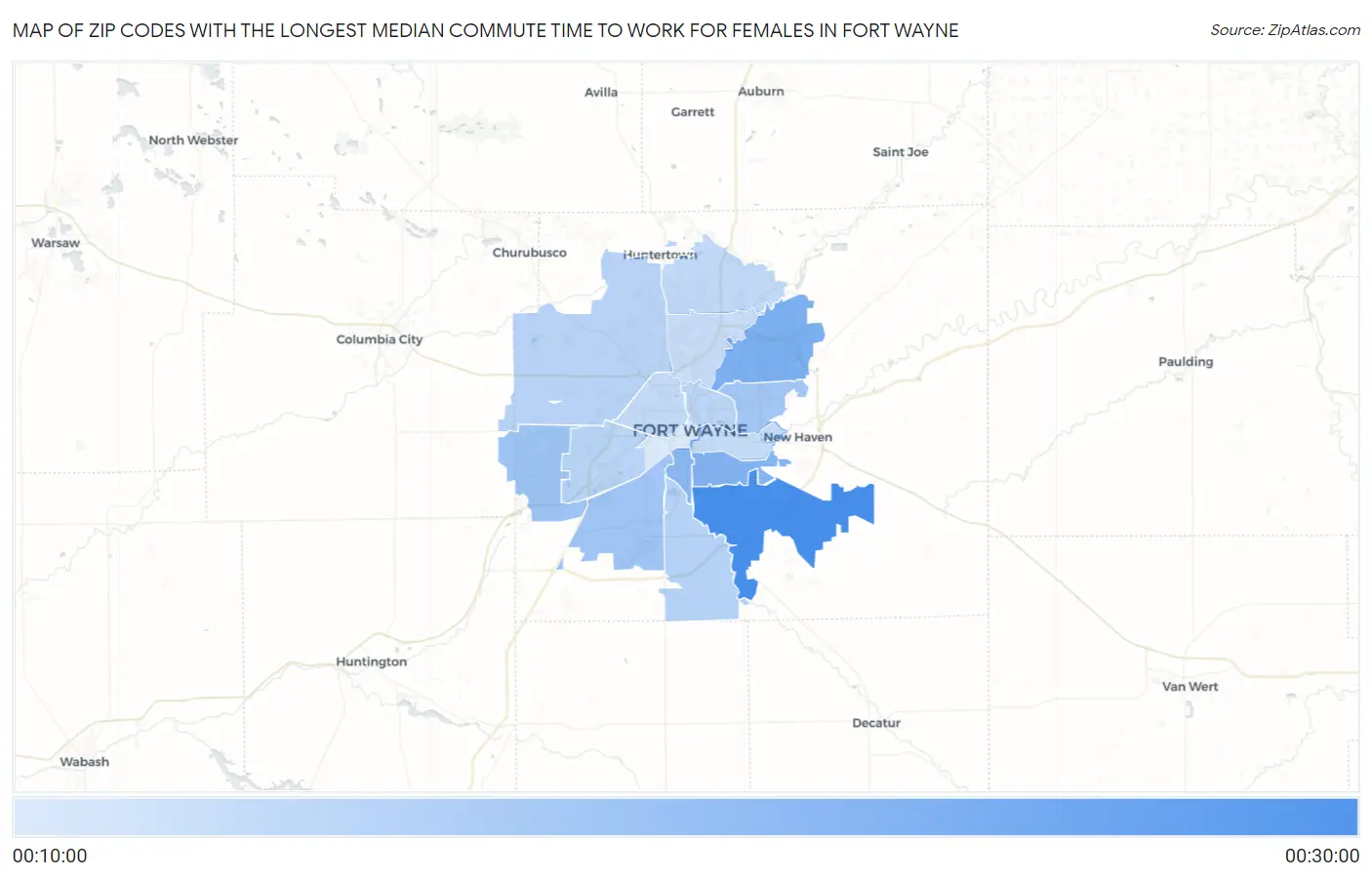 Zip Codes with the Longest Median Commute Time to Work for Females in Fort Wayne Map