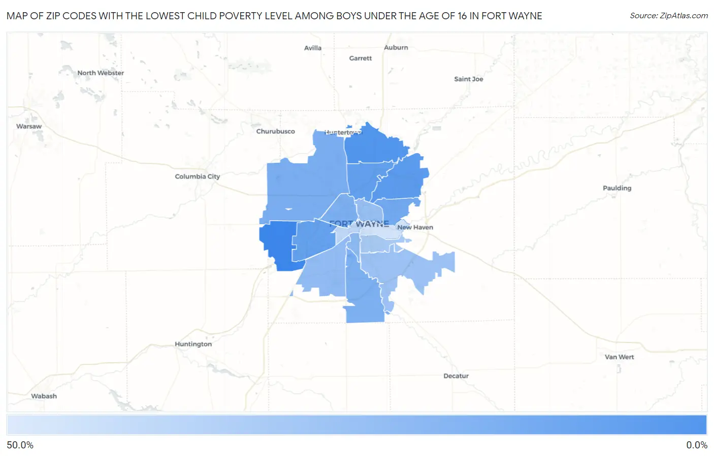Zip Codes with the Lowest Child Poverty Level Among Boys Under the Age of 16 in Fort Wayne Map