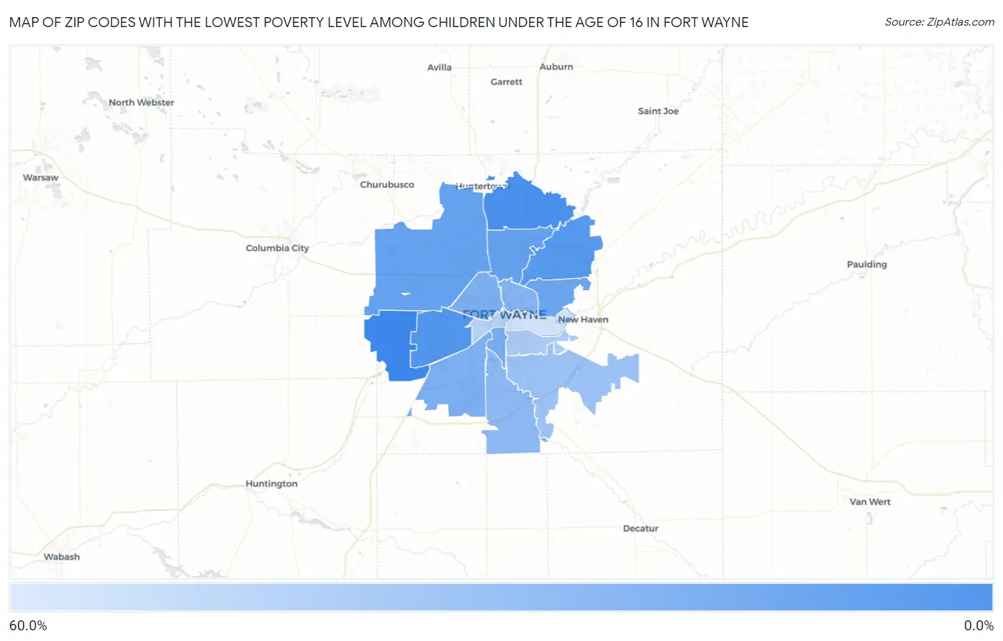 Zip Codes with the Lowest Poverty Level Among Children Under the Age of 16 in Fort Wayne Map