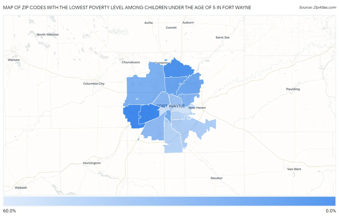 Zip Codes with the Lowest Poverty Level Among Children Under the Age of 5 in Fort Wayne Map