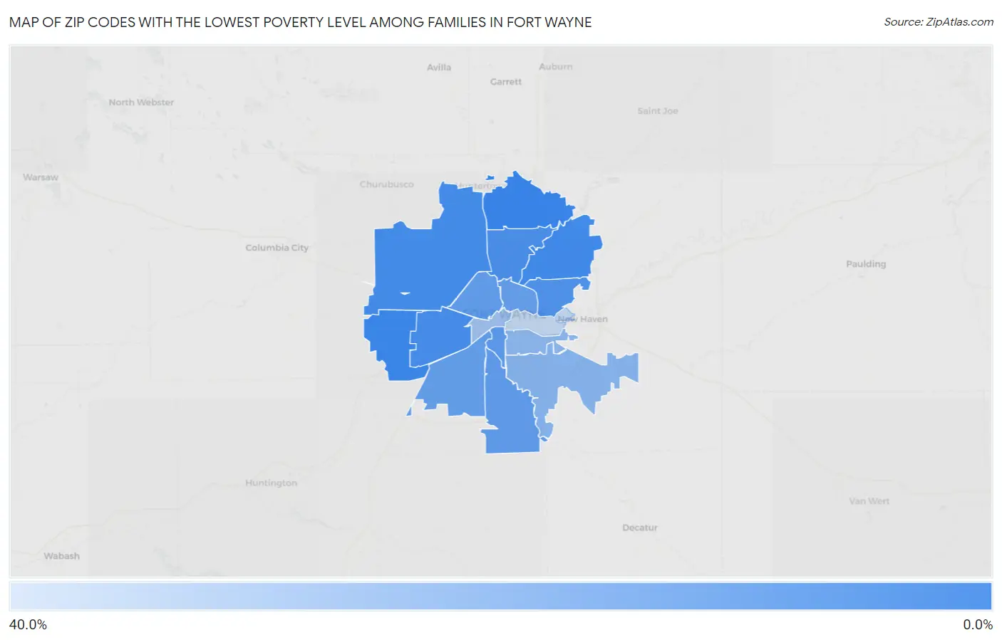 Zip Codes with the Lowest Poverty Level Among Families in Fort Wayne Map