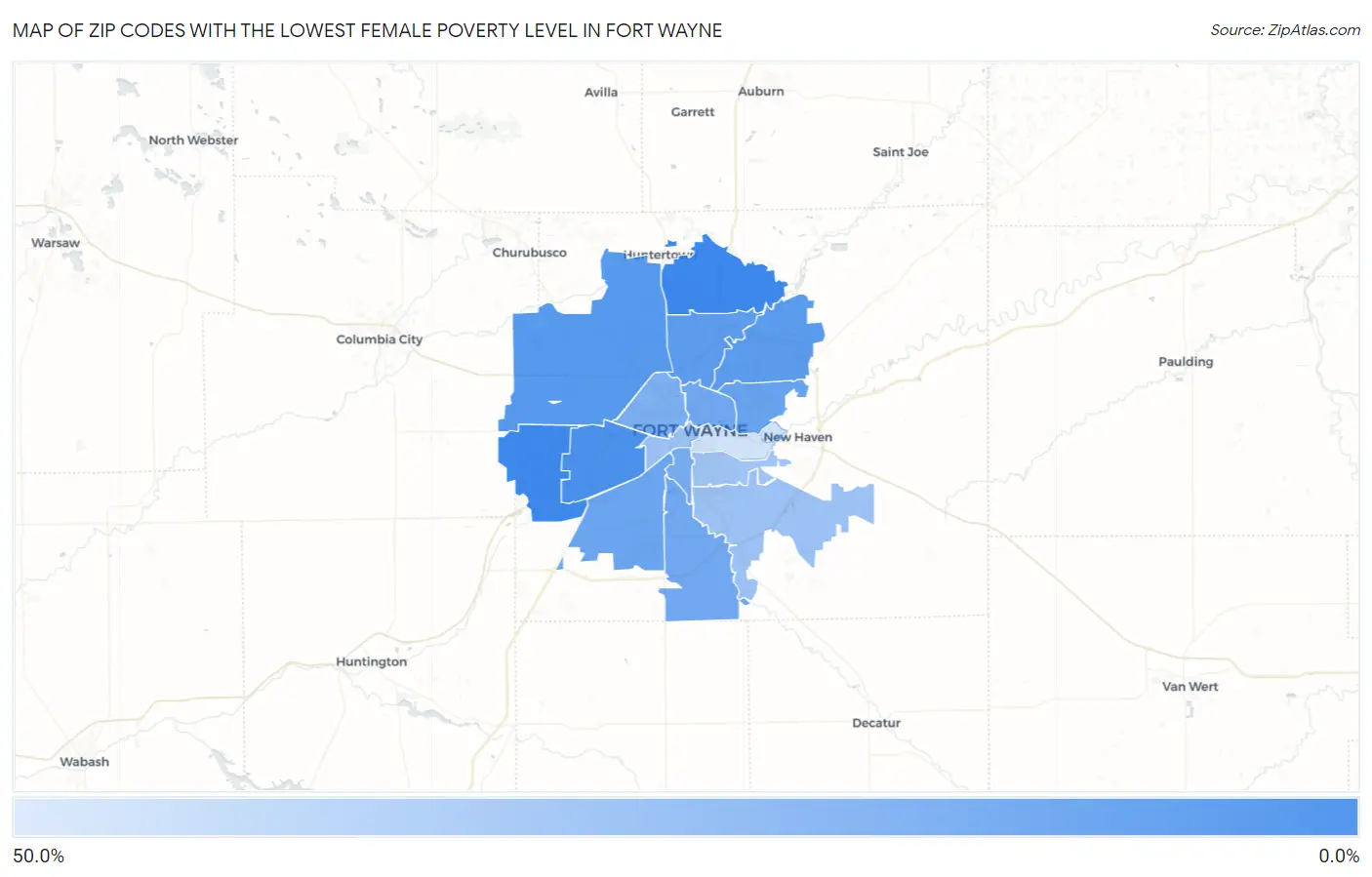 Zip Codes with the Lowest Female Poverty Level in Fort Wayne Map