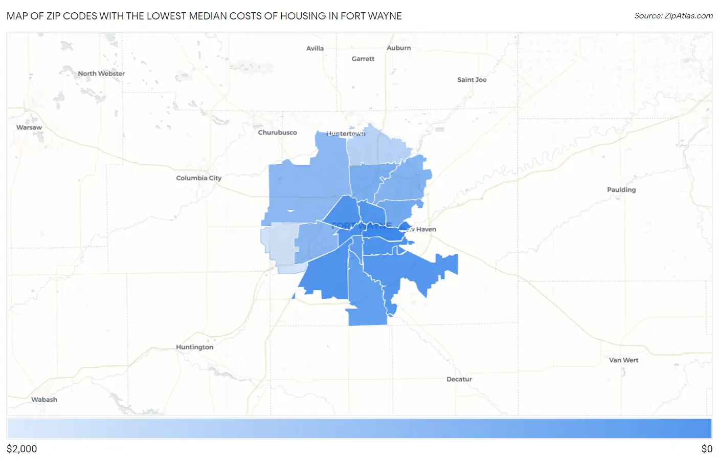 Zip Codes with the Lowest Median Costs of Housing in Fort Wayne Map