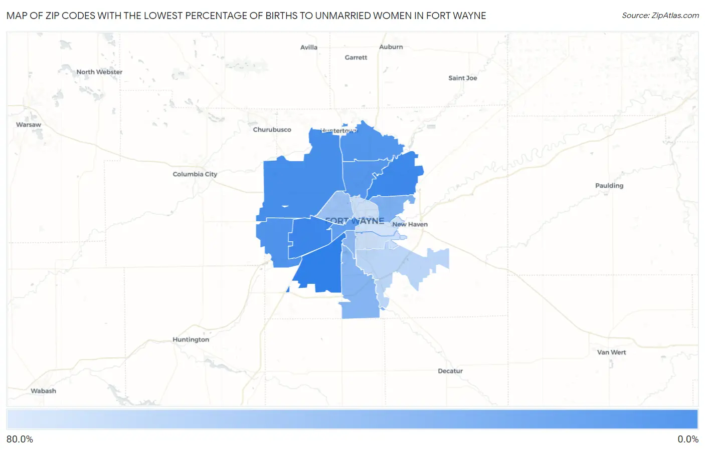 Zip Codes with the Lowest Percentage of Births to Unmarried Women in Fort Wayne Map
