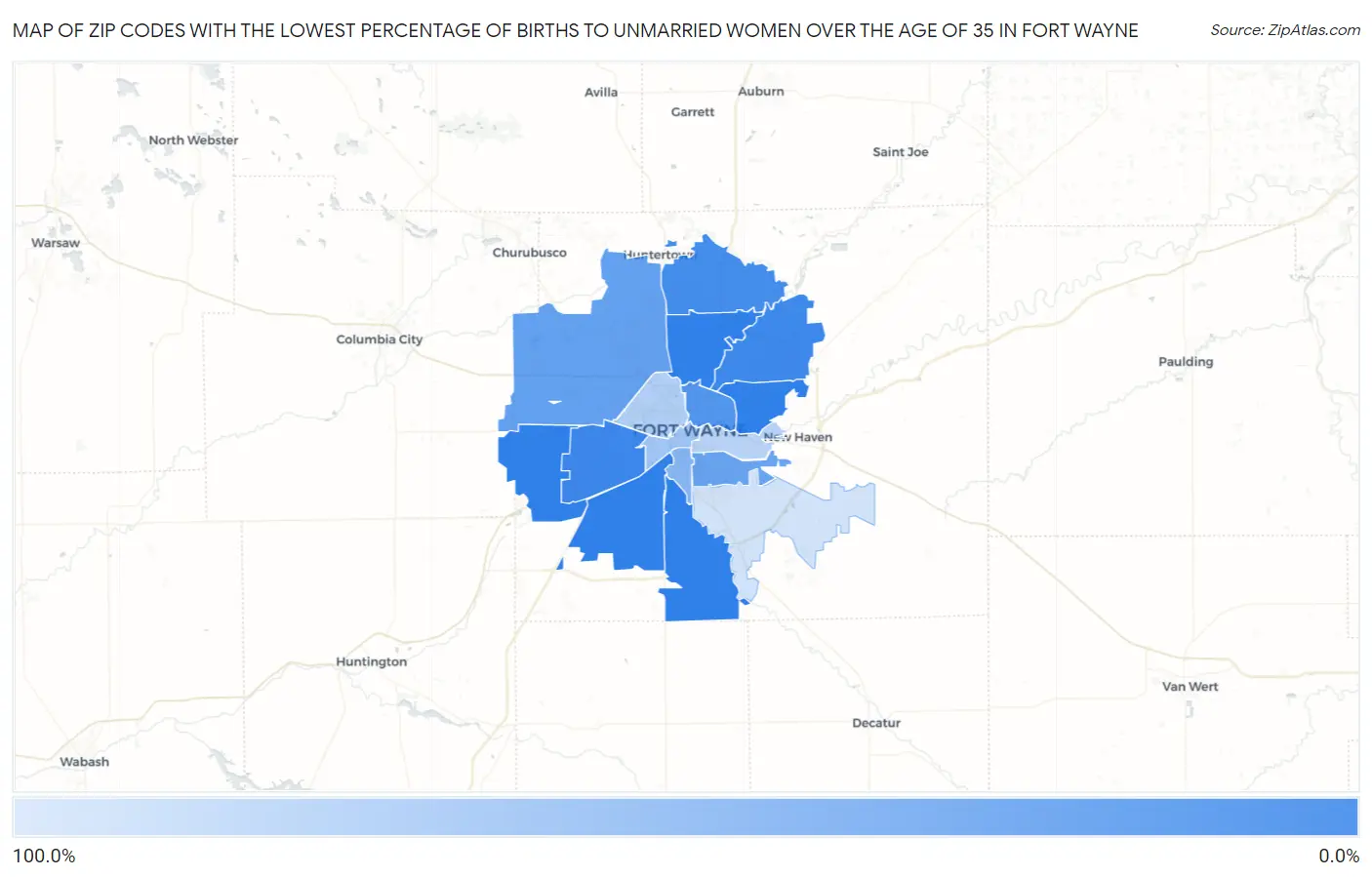 Zip Codes with the Lowest Percentage of Births to Unmarried Women over the Age of 35 in Fort Wayne Map