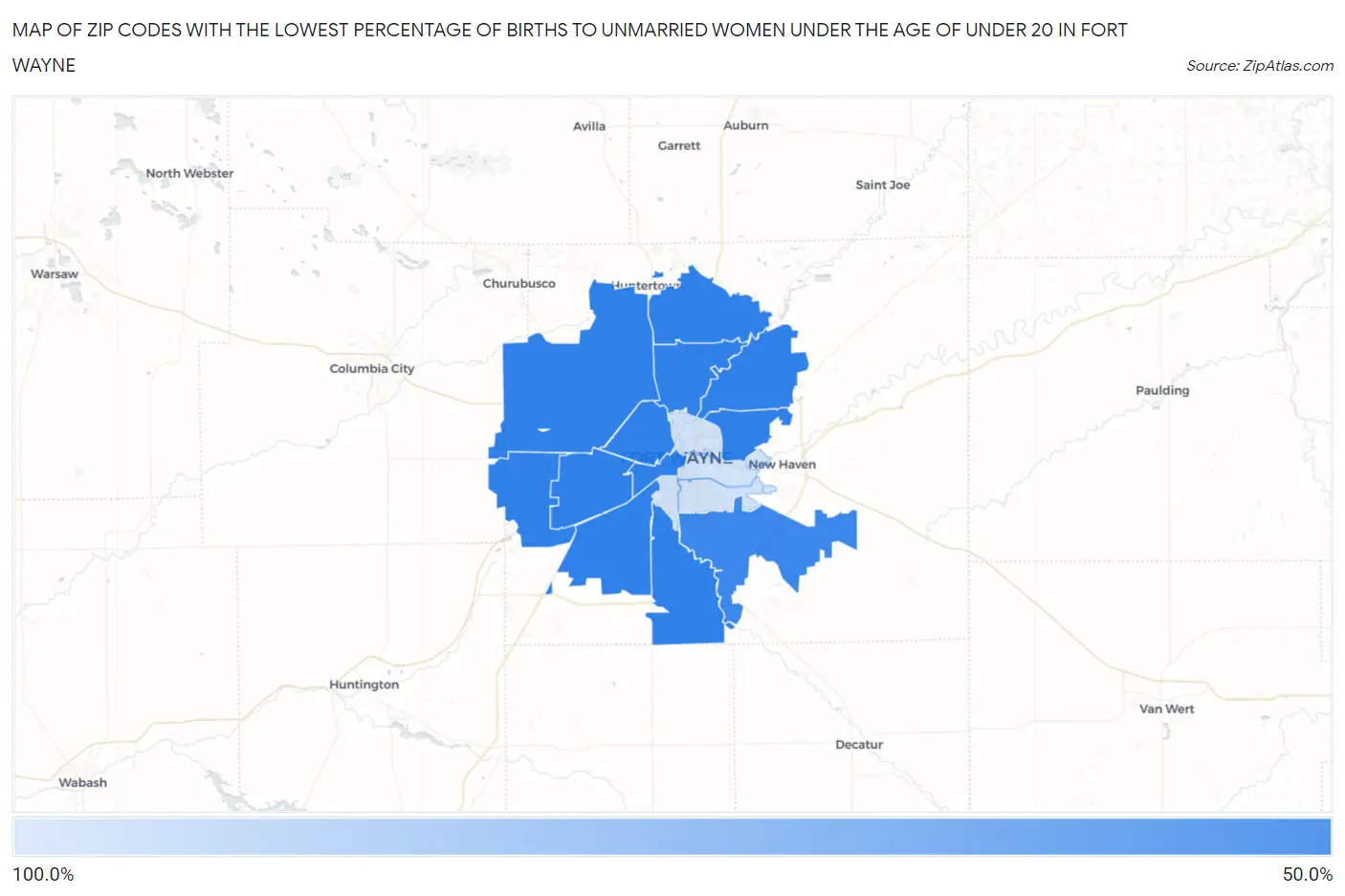 Zip Codes with the Lowest Percentage of Births to Unmarried Women under the Age of under 20 in Fort Wayne Map