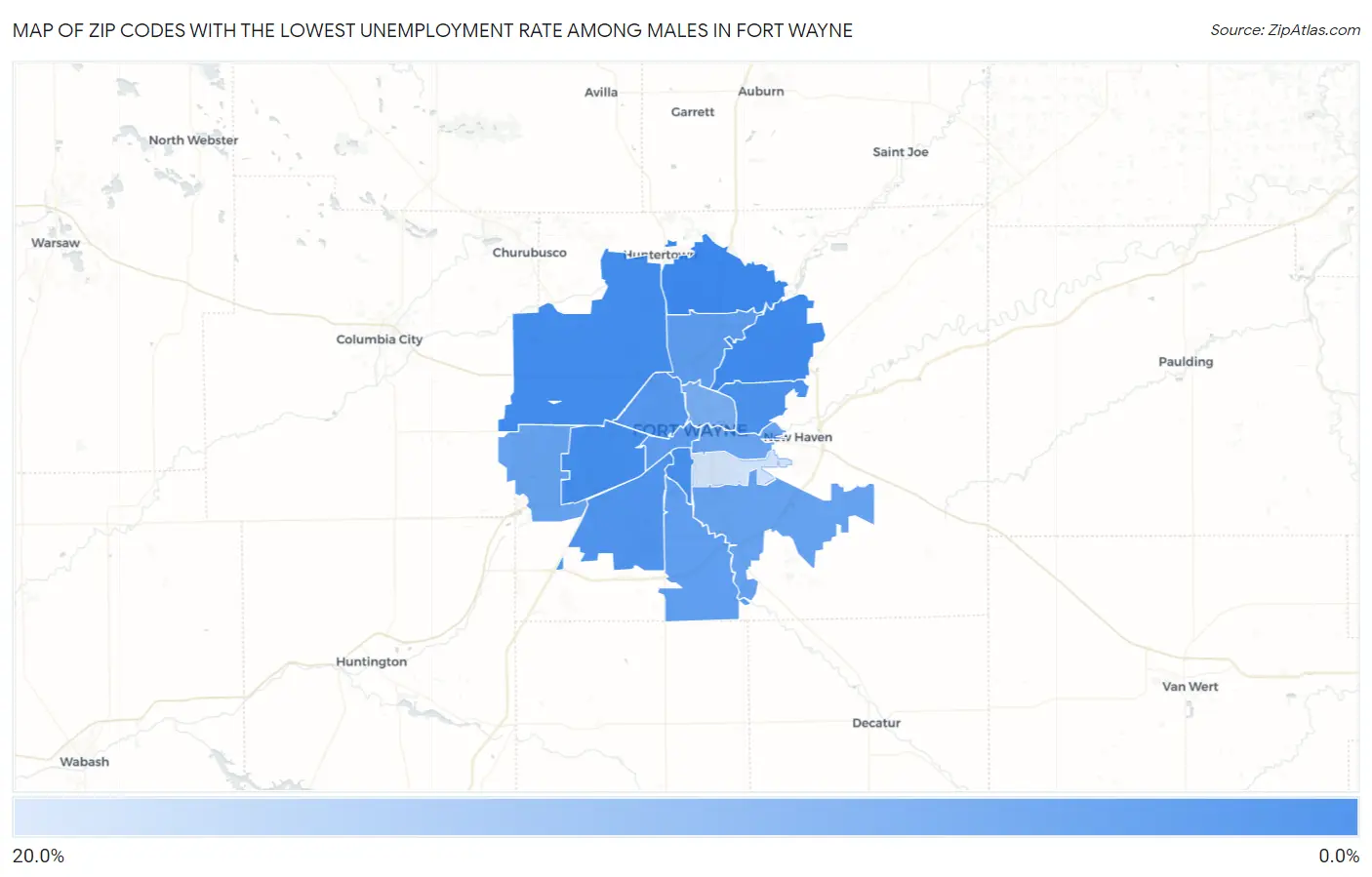 Zip Codes with the Lowest Unemployment Rate Among Males in Fort Wayne Map