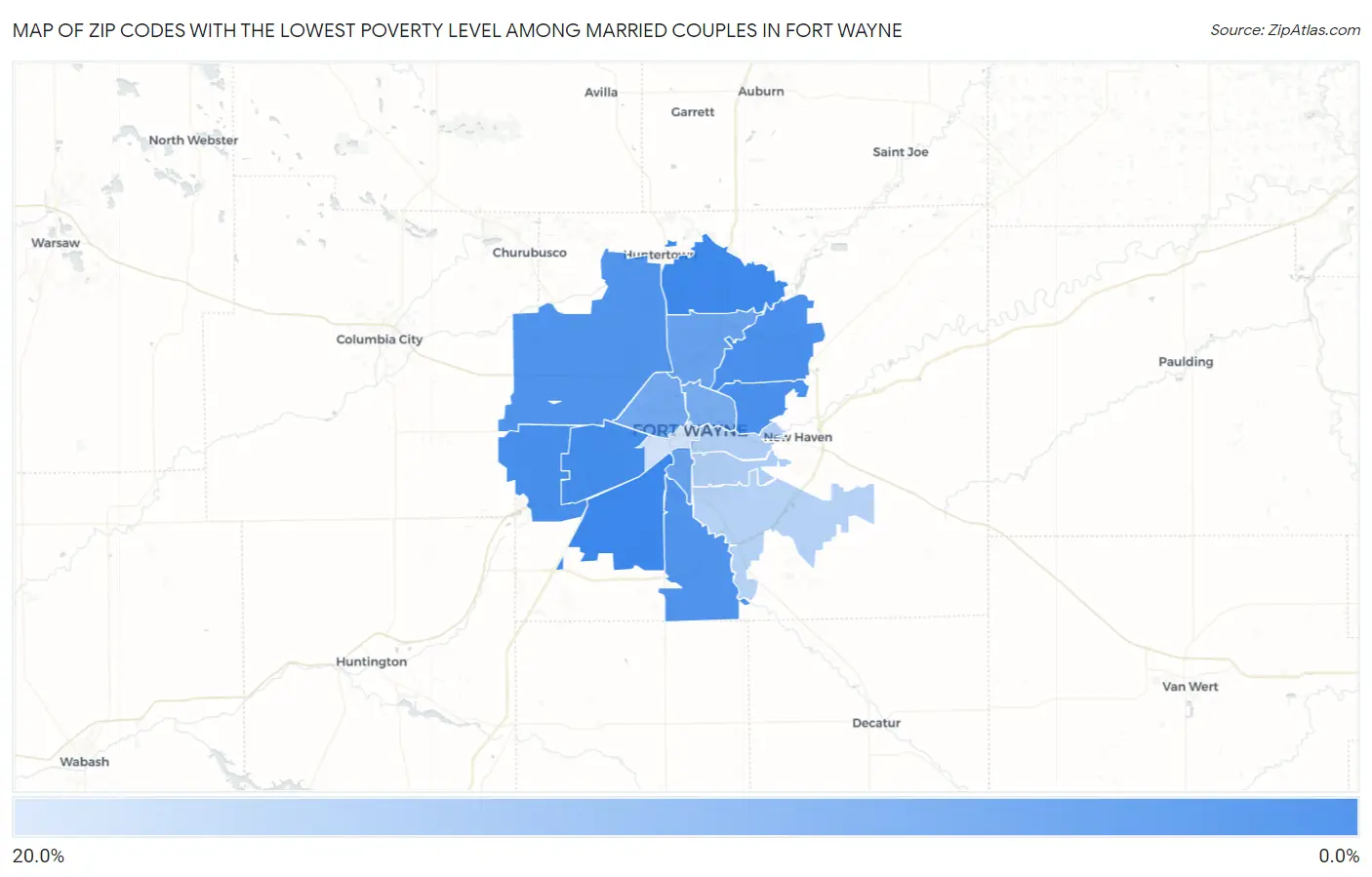 Zip Codes with the Lowest Poverty Level Among Married Couples in Fort Wayne Map