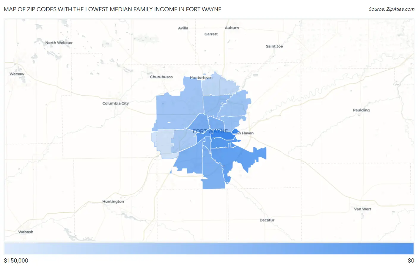 Zip Codes with the Lowest Median Family Income in Fort Wayne Map