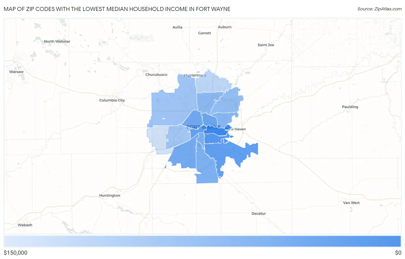 Zip Codes with the Lowest Median Household Income in Fort Wayne Map