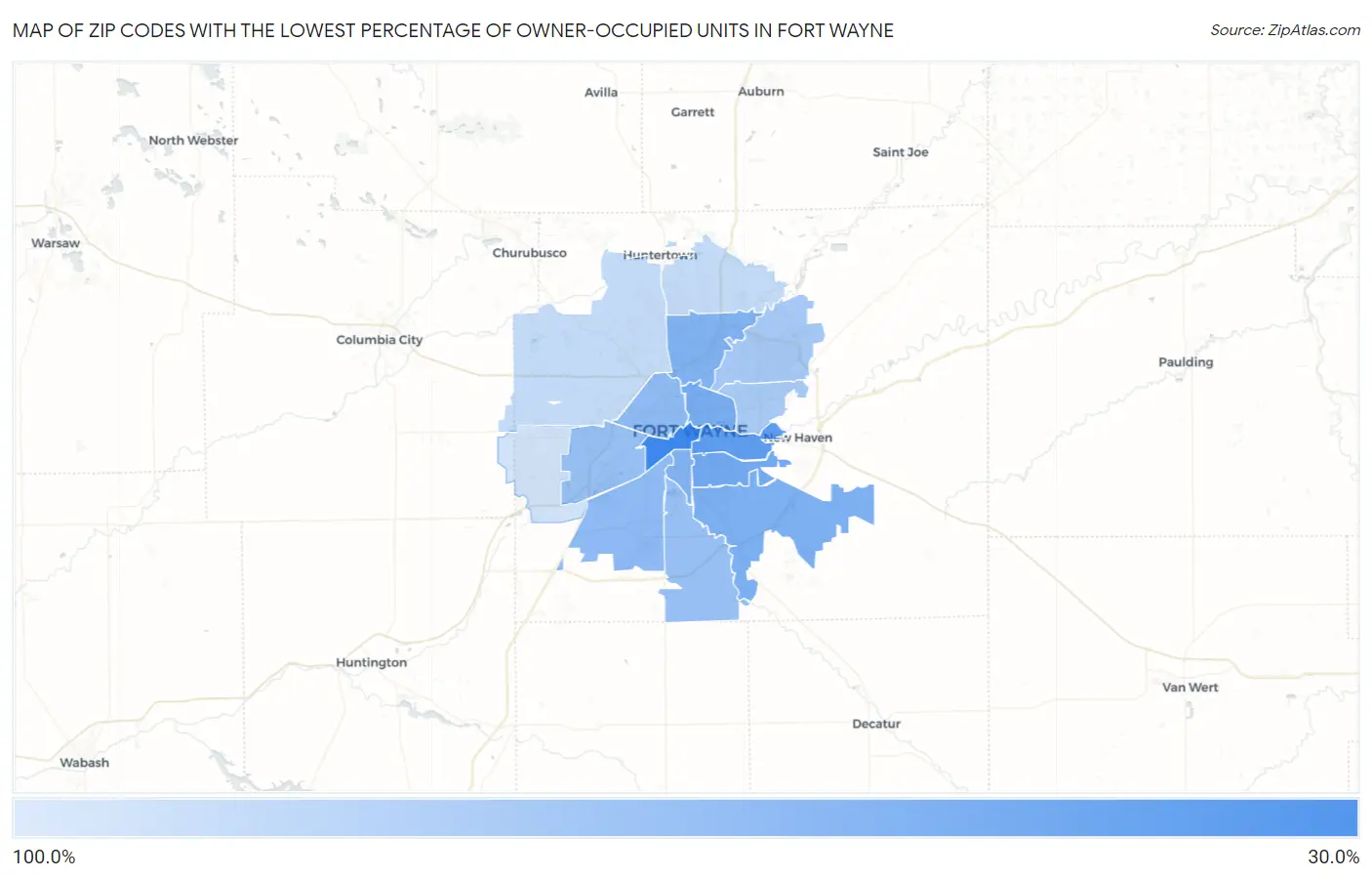 Zip Codes with the Lowest Percentage of Owner-Occupied Units in Fort Wayne Map