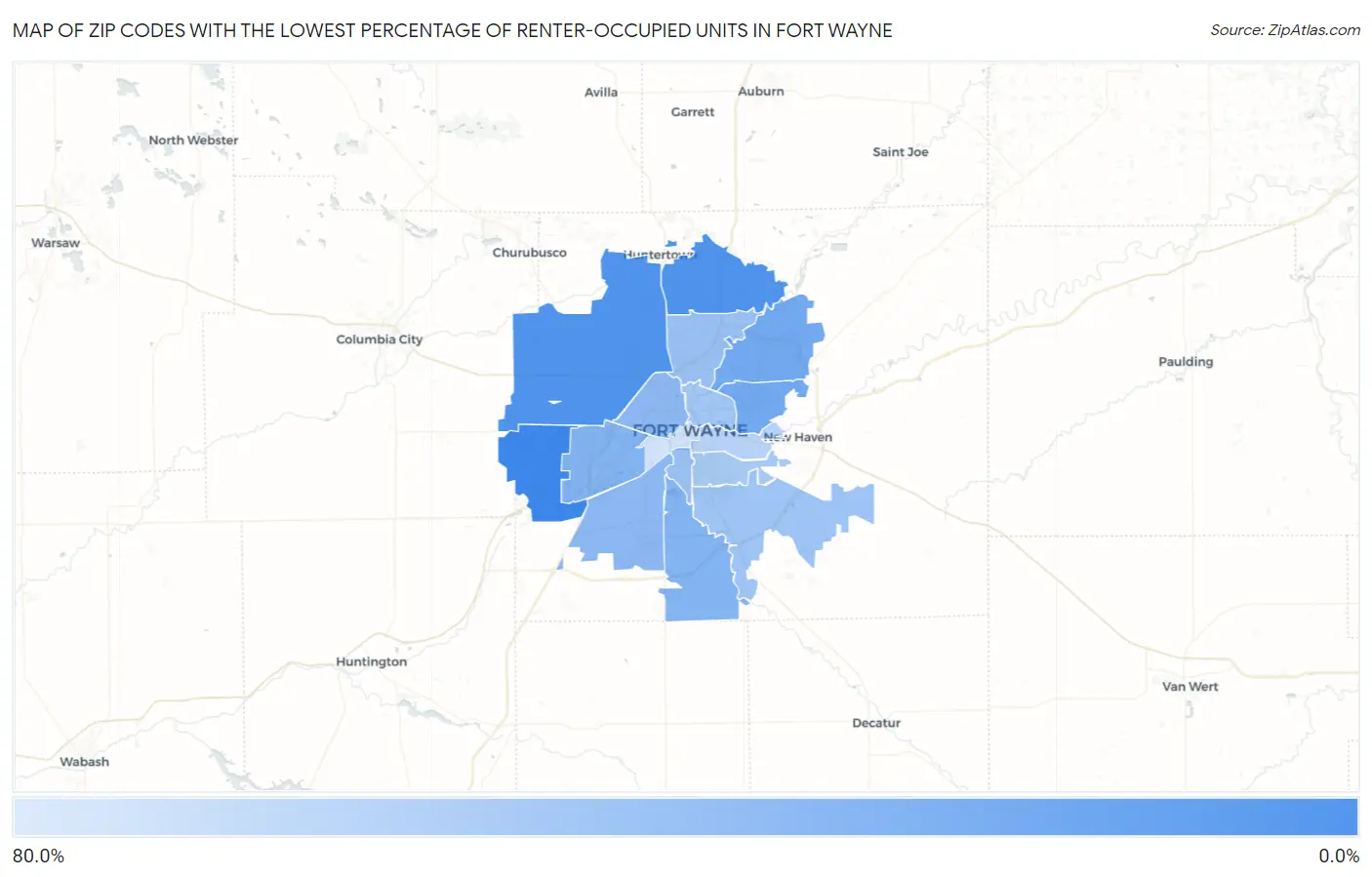 Zip Codes with the Lowest Percentage of Renter-Occupied Units in Fort Wayne Map