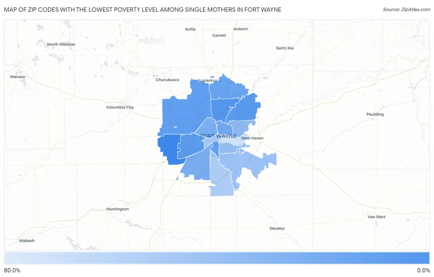 Zip Codes with the Lowest Poverty Level Among Single Mothers in Fort Wayne Map
