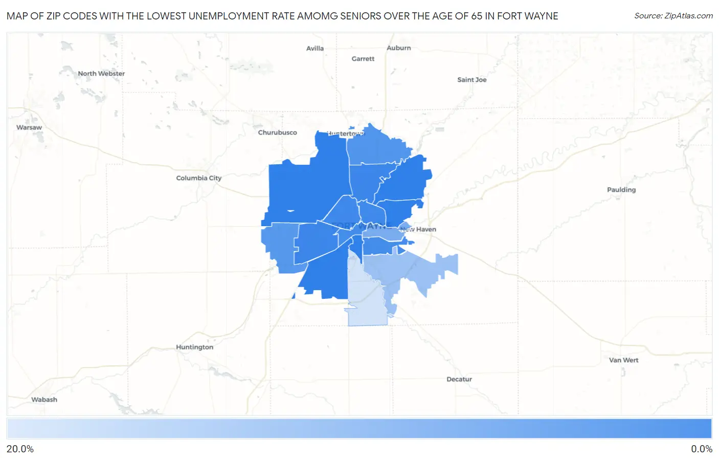 Zip Codes with the Lowest Unemployment Rate Amomg Seniors Over the Age of 65 in Fort Wayne Map