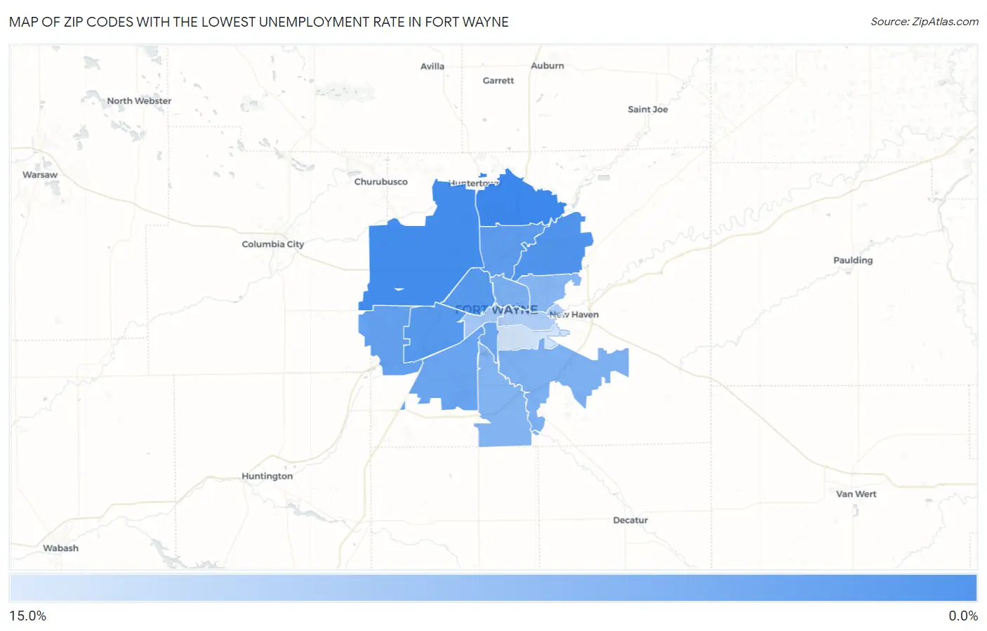 Zip Codes with the Lowest Unemployment Rate in Fort Wayne Map