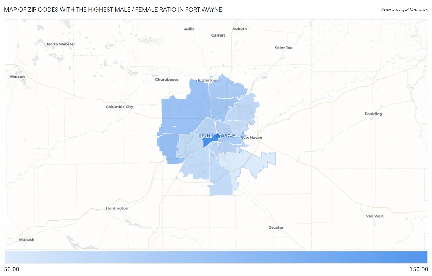 Zip Codes with the Highest Male / Female Ratio in Fort Wayne Map
