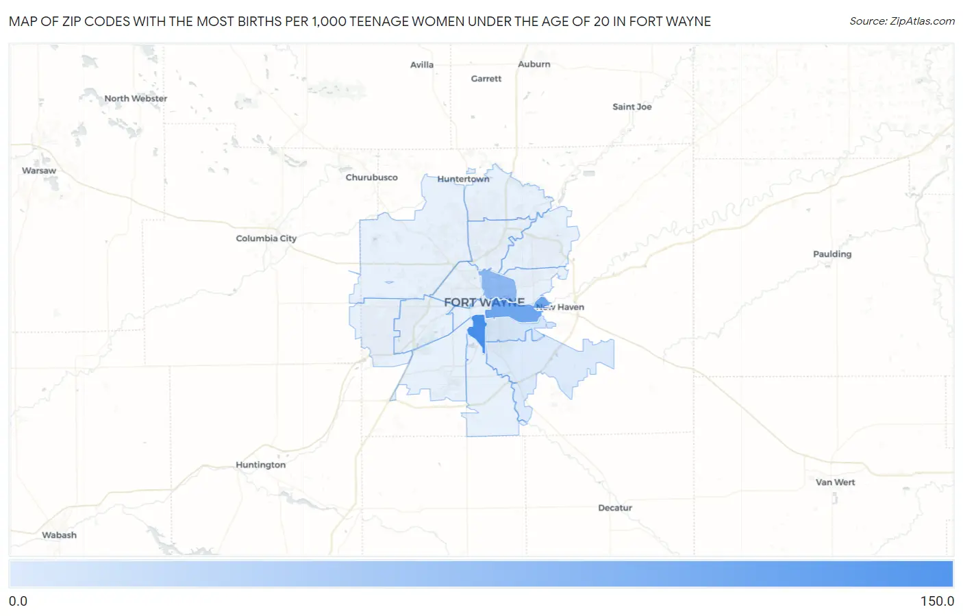 Zip Codes with the Most Births per 1,000 Teenage Women Under the Age of 20 in Fort Wayne Map