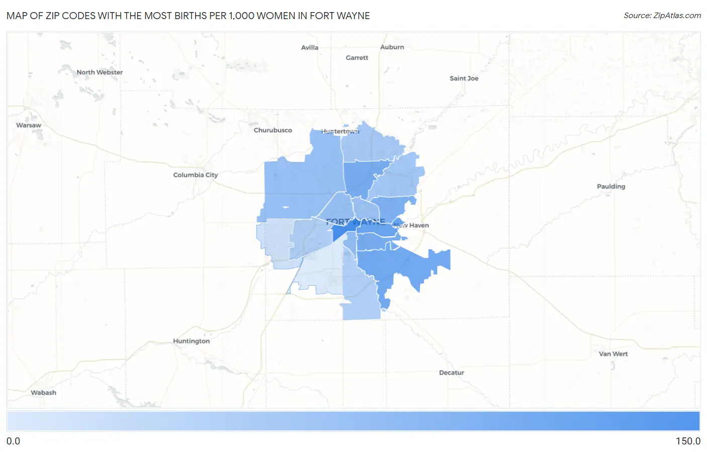 Zip Codes with the Most Births per 1,000 Women in Fort Wayne Map