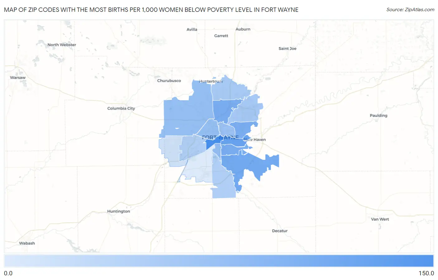 Zip Codes with the Most Births per 1,000 Women Below Poverty Level in Fort Wayne Map