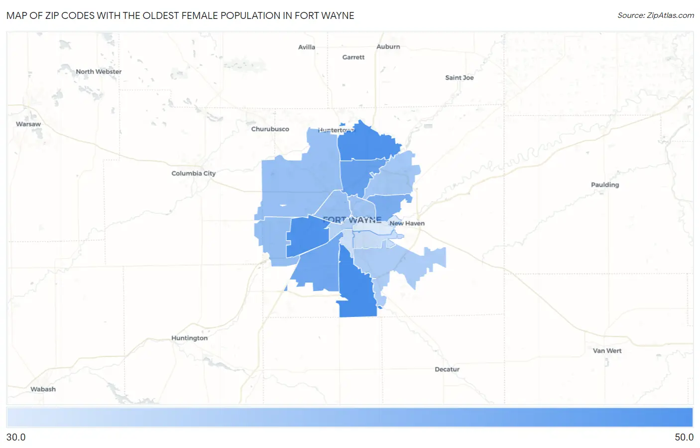 Zip Codes with the Oldest Female Population in Fort Wayne Map